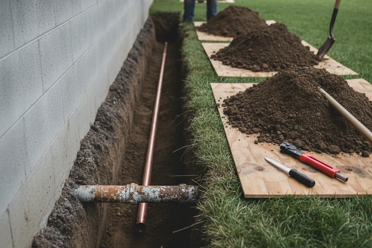 Excavated water line trench during Water Heater Repair in Fort Worth